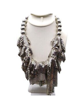 Disco Runway Mesh Statement Necklace, Large Silver Tone Beads
